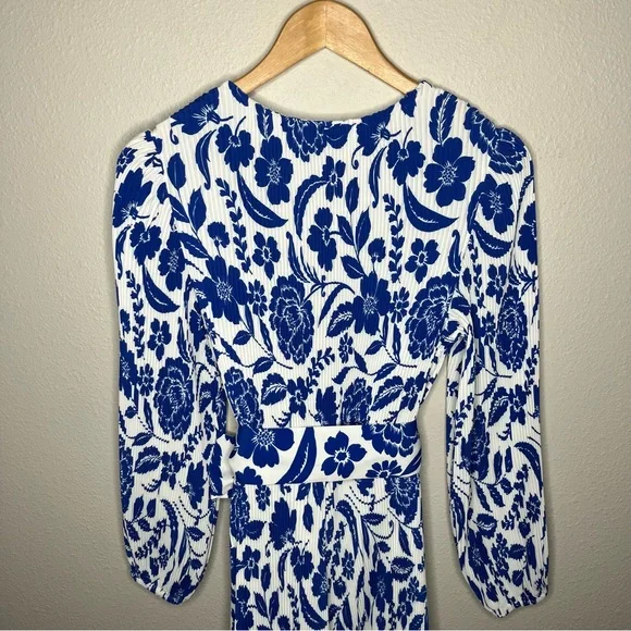 Milly Blue Liv Flowers of Spain Long Sleeve V Neck Pleated Mini Dress - Picture 10 of 13